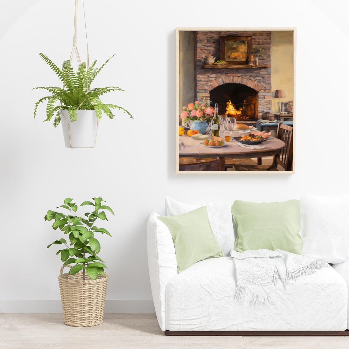 Cozy Dining Table Set Before Crackling Stone Fireplace Poster - Image 3