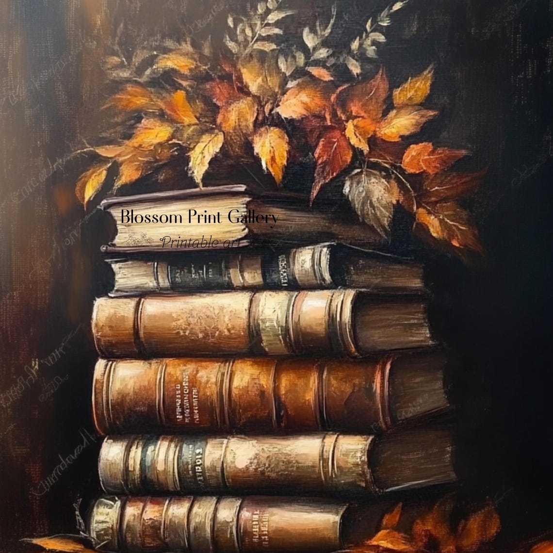 Antique Books Stack Autumn Leaves Moody Dark Still Life Poster - Image 5