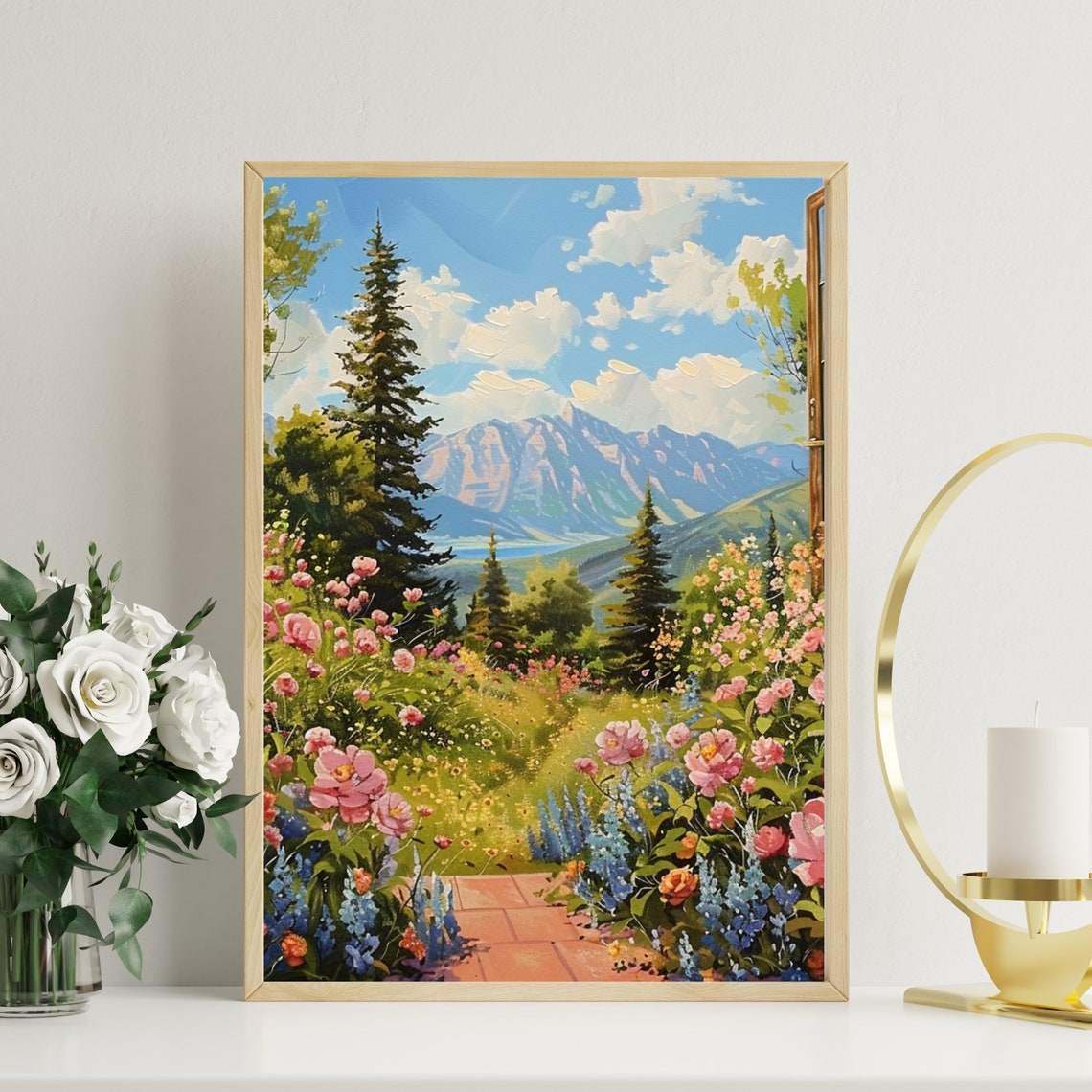 Garden Window Mountain View Pink Peony Summer Landscape Poster - Image 3