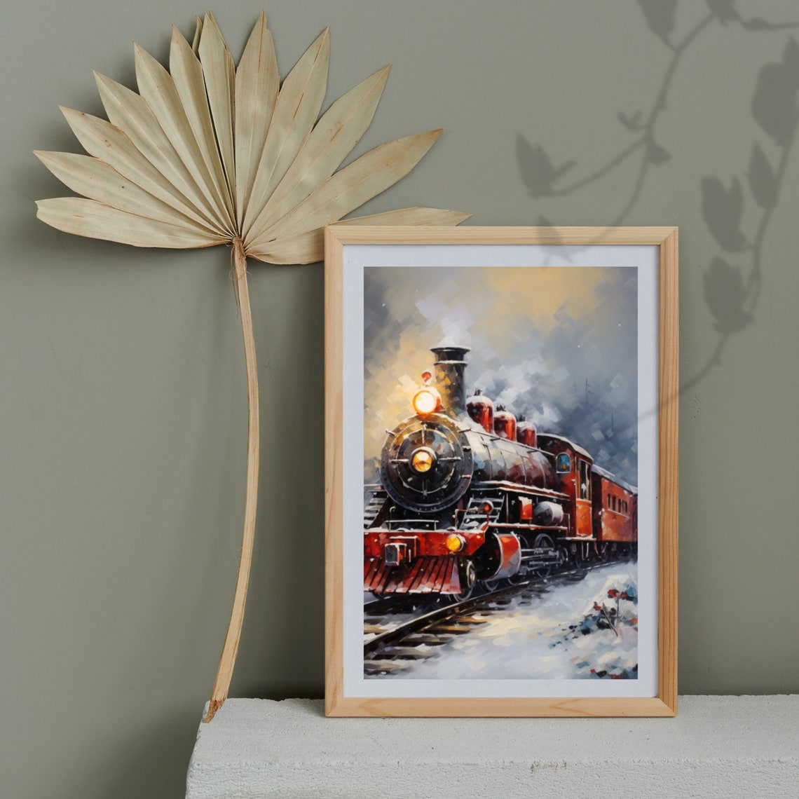 Red Steam Locomotive In Snowfall Vintage Train Painting Poster - Image 4