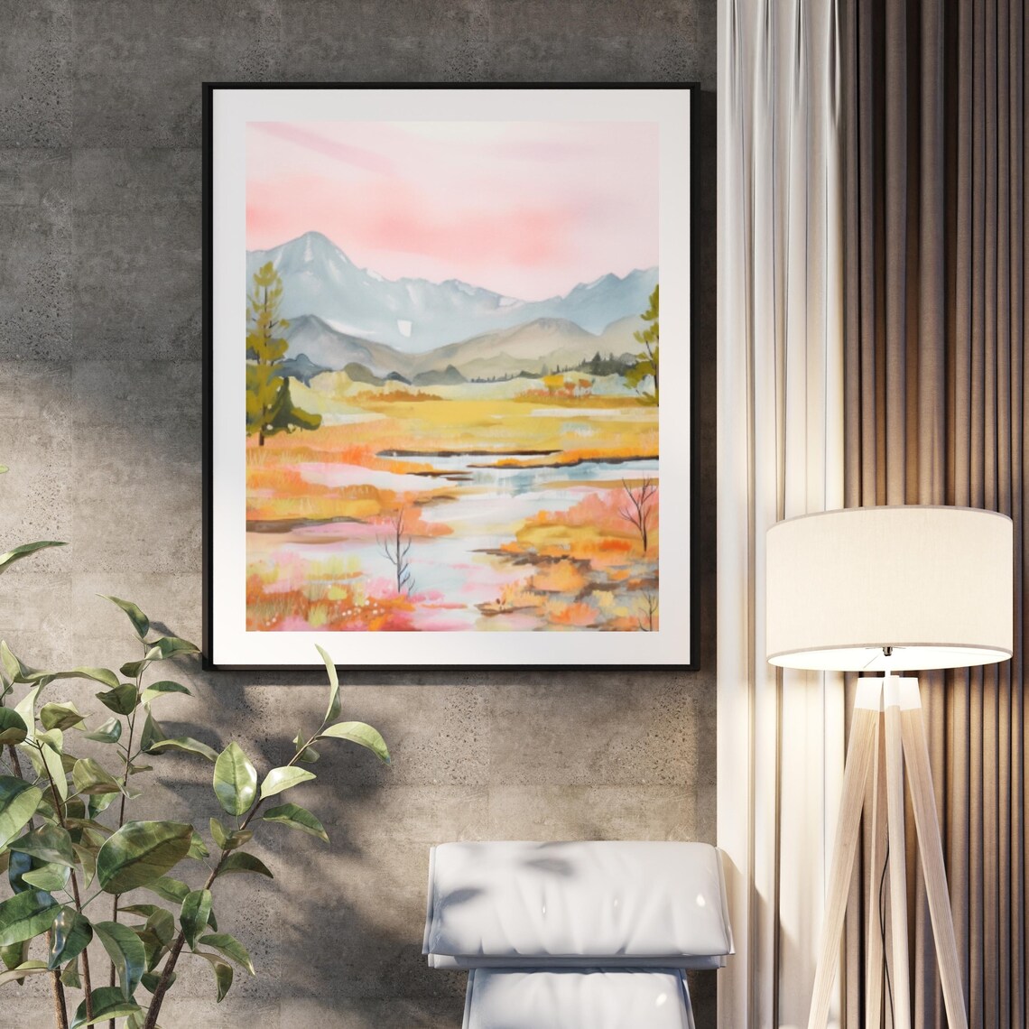 Pastel Mountain Valley with Pink Sky and Golden Meadow Landscape Poster - Image 3