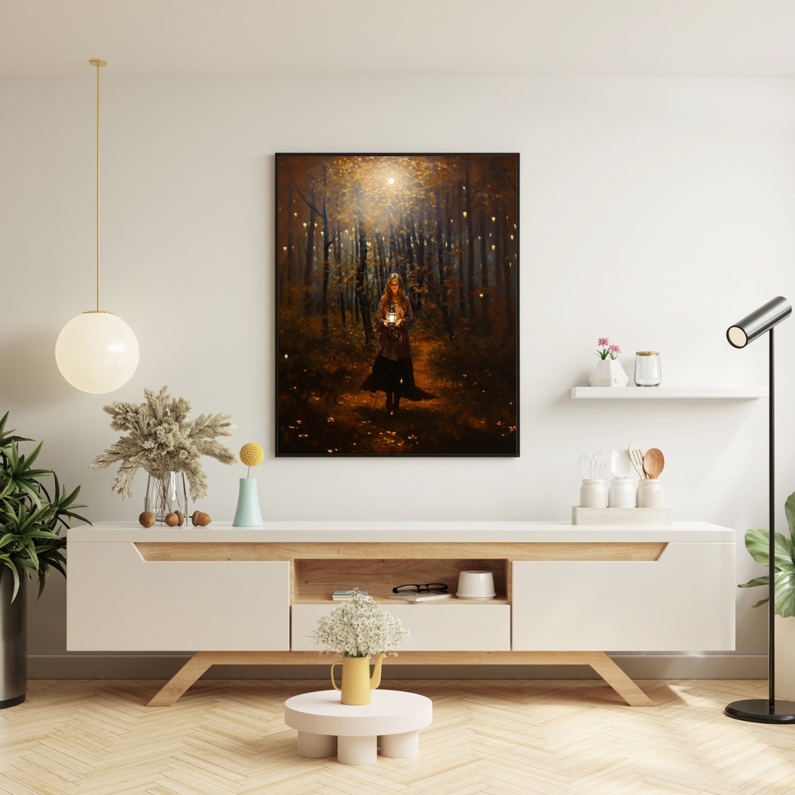 Woman Holding Lantern In Autumn Forest At Dusk Painting Poster - Image 5