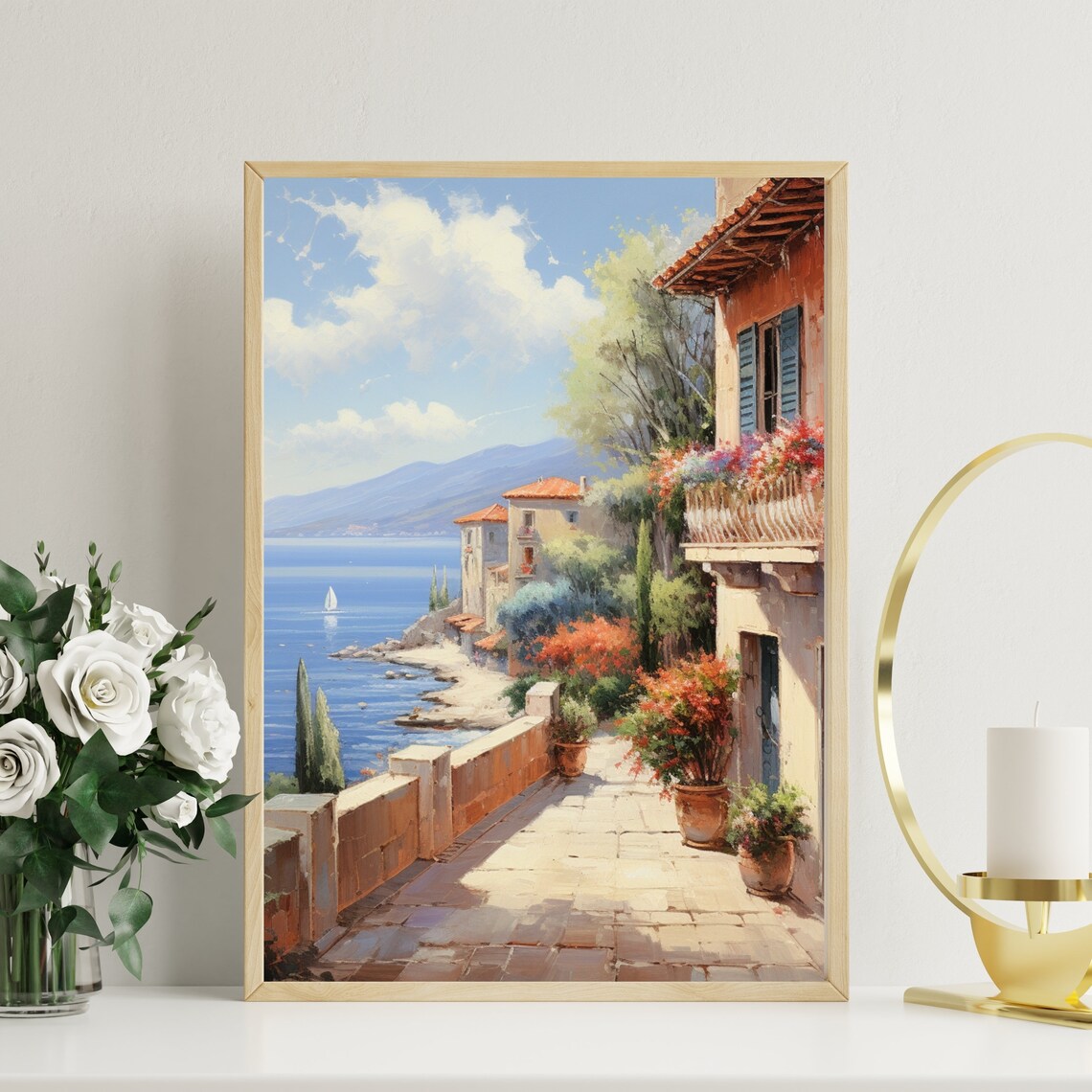 Mediterranean Coastal Village Terrace Blue Sea Summer Poster - Image 3