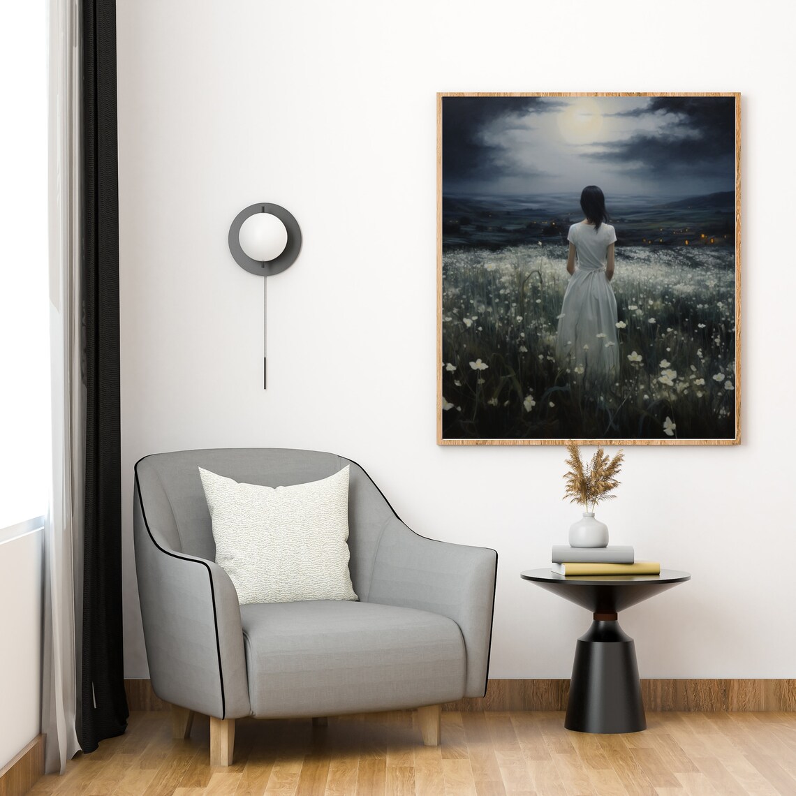 Woman In White Dress Under Full Moon Night Wildflower Meadow Art Poster - Image 5