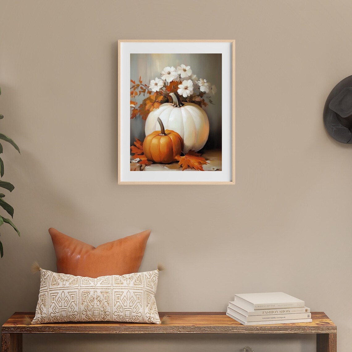 White and Orange Pumpkins with Autumn Flowers Still Life Poster - Image 5
