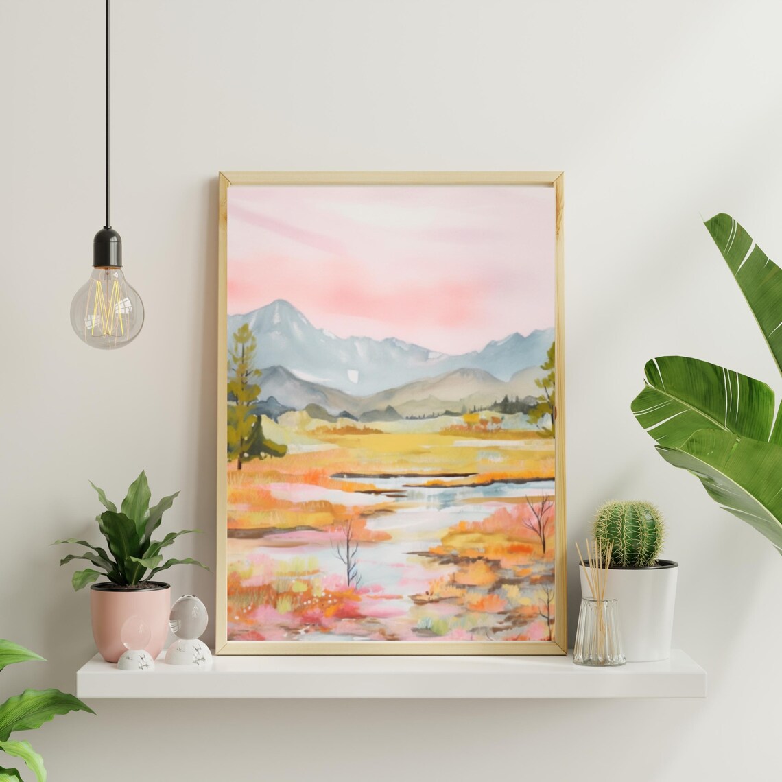 Pastel Mountain Valley with Pink Sky and Golden Meadow Landscape Poster - Image 4