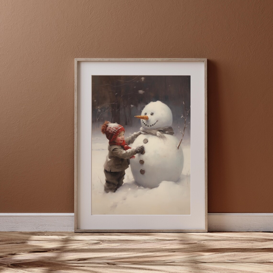 Boy Building Snowman Cozy Winter Christmas Vintage Children Art Print - Image 4
