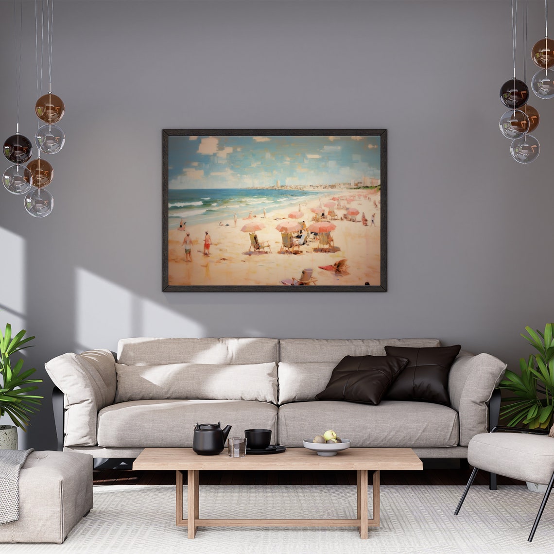 Busy Sandy Beach With Coral Umbrellas And Beach Chairs In Summer Print - Image 5