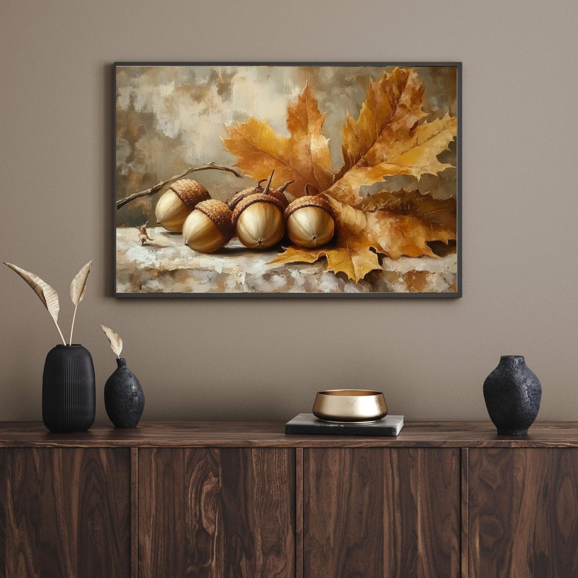 Acorns and Golden Oak Leaves Rustic Fall Still Life Wall Art - Image 2