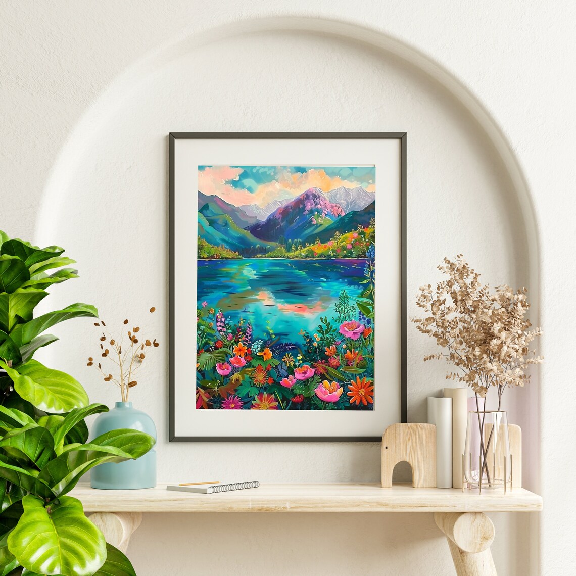 Colorful Mountain Lake With Wildflowers In Impressionist Style Print - Image 2