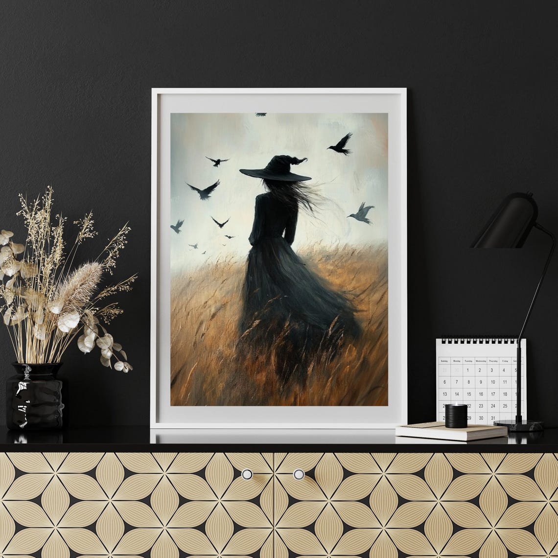 Dark Witch Walking Through Golden Wheat Field with Crows Poster - Image 6
