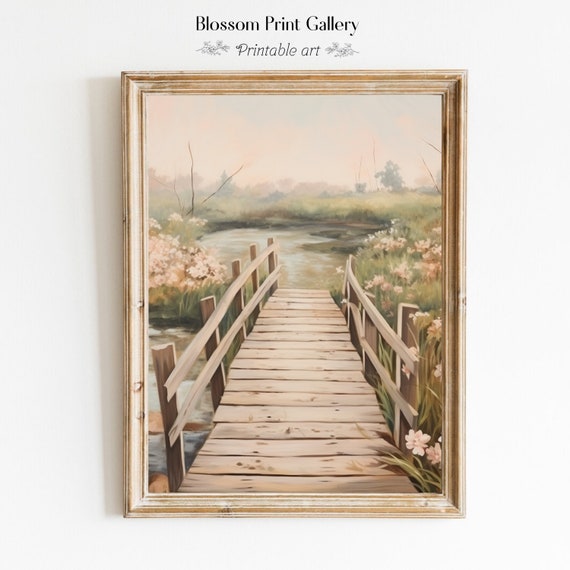 Bridge Landscape Scene Oil Painting Vintage Farmhouse Wall Art Cottagecore Decor Aesthetic Home Decor 412
