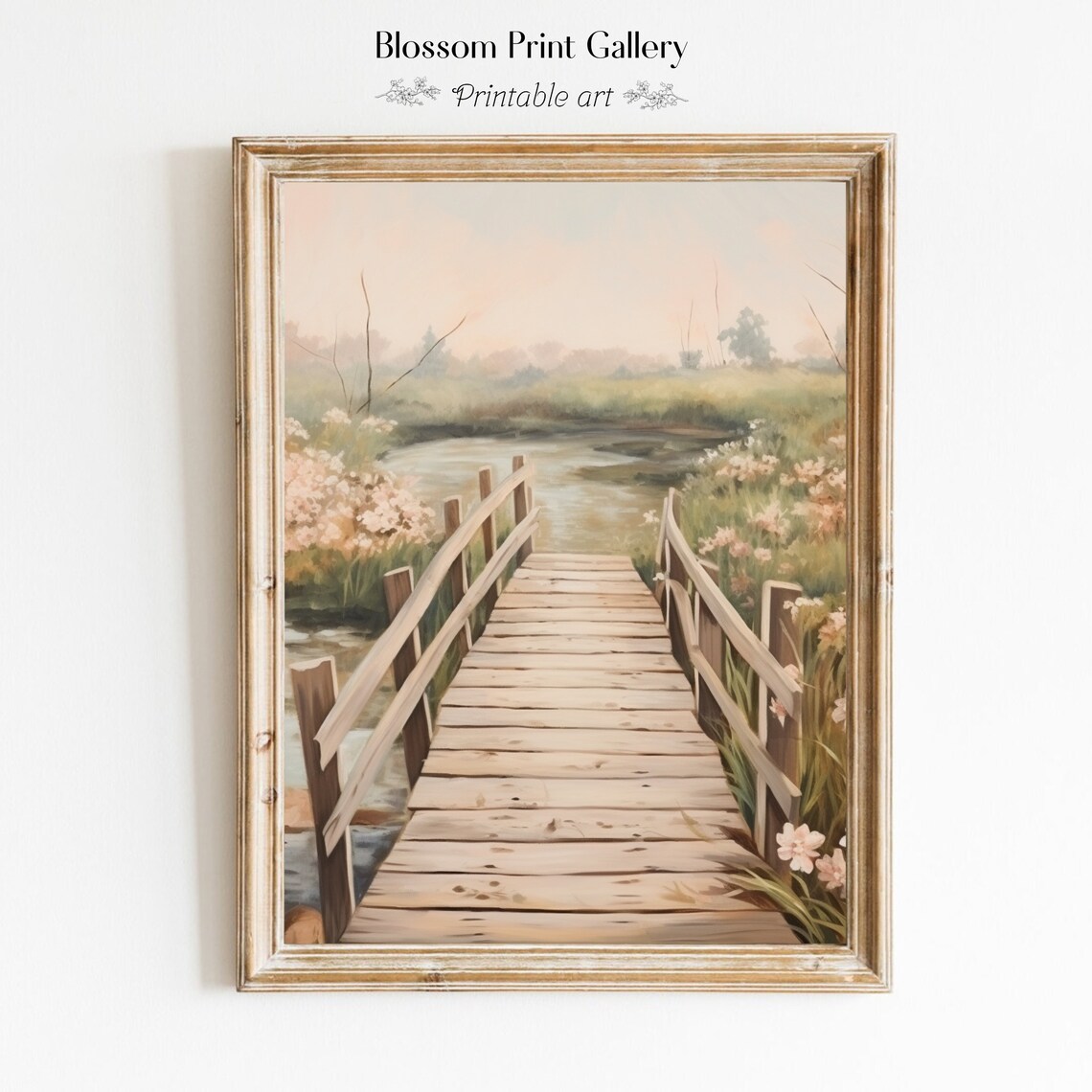 Wooden Footbridge over Stream with Wildflowers Painting Poster