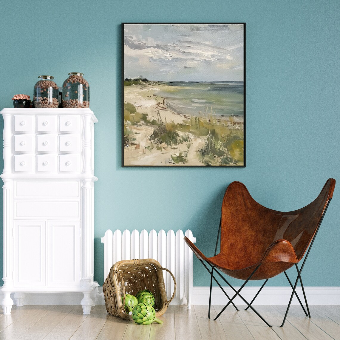 Serene Muted Coastal Dunes Seascape Calm Ocean Oil Painting Poster - Image 2
