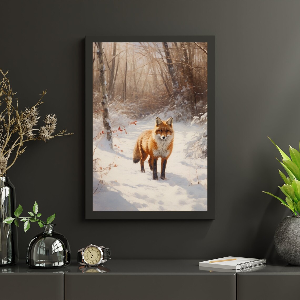 Red Fox Standing in Snowy Winter Forest Wildlife Painting Poster - Image 6