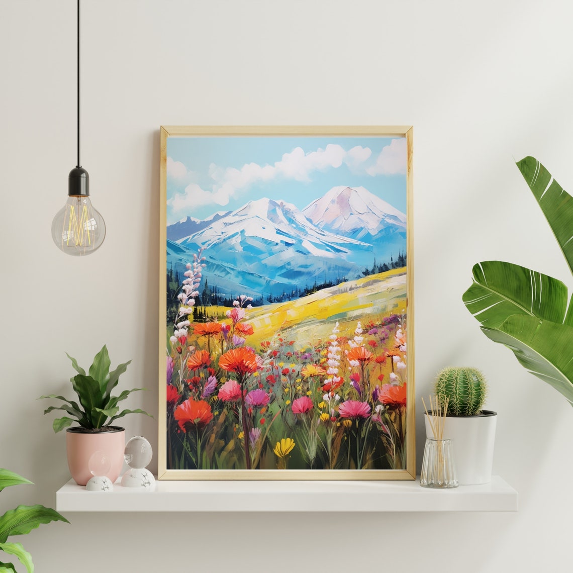 Vibrant Snowy Mountain Peaks Red Wildflowers Alpine Meadow Poster - Image 3