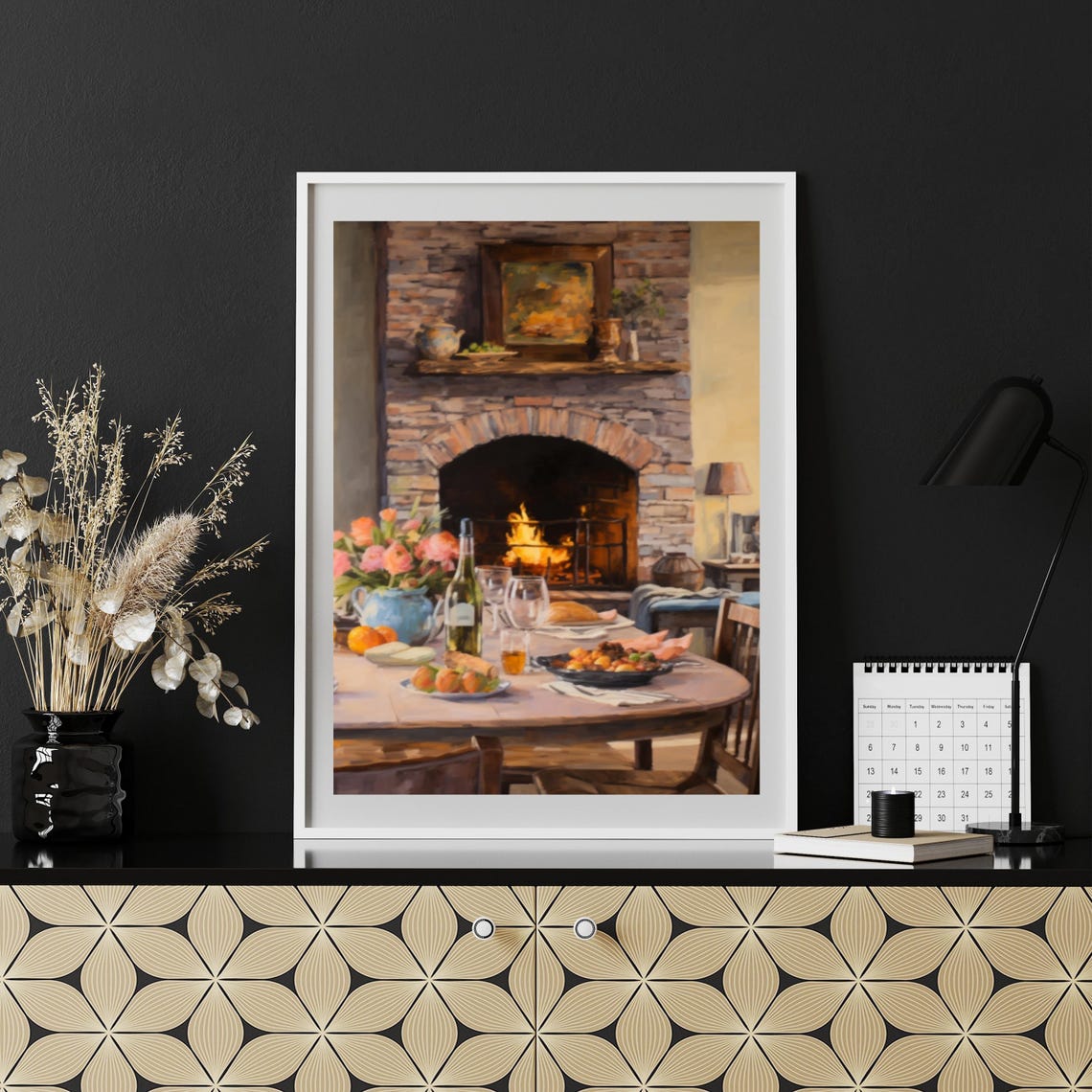 Cozy Dining Table Set Before Crackling Stone Fireplace Poster - Image 6