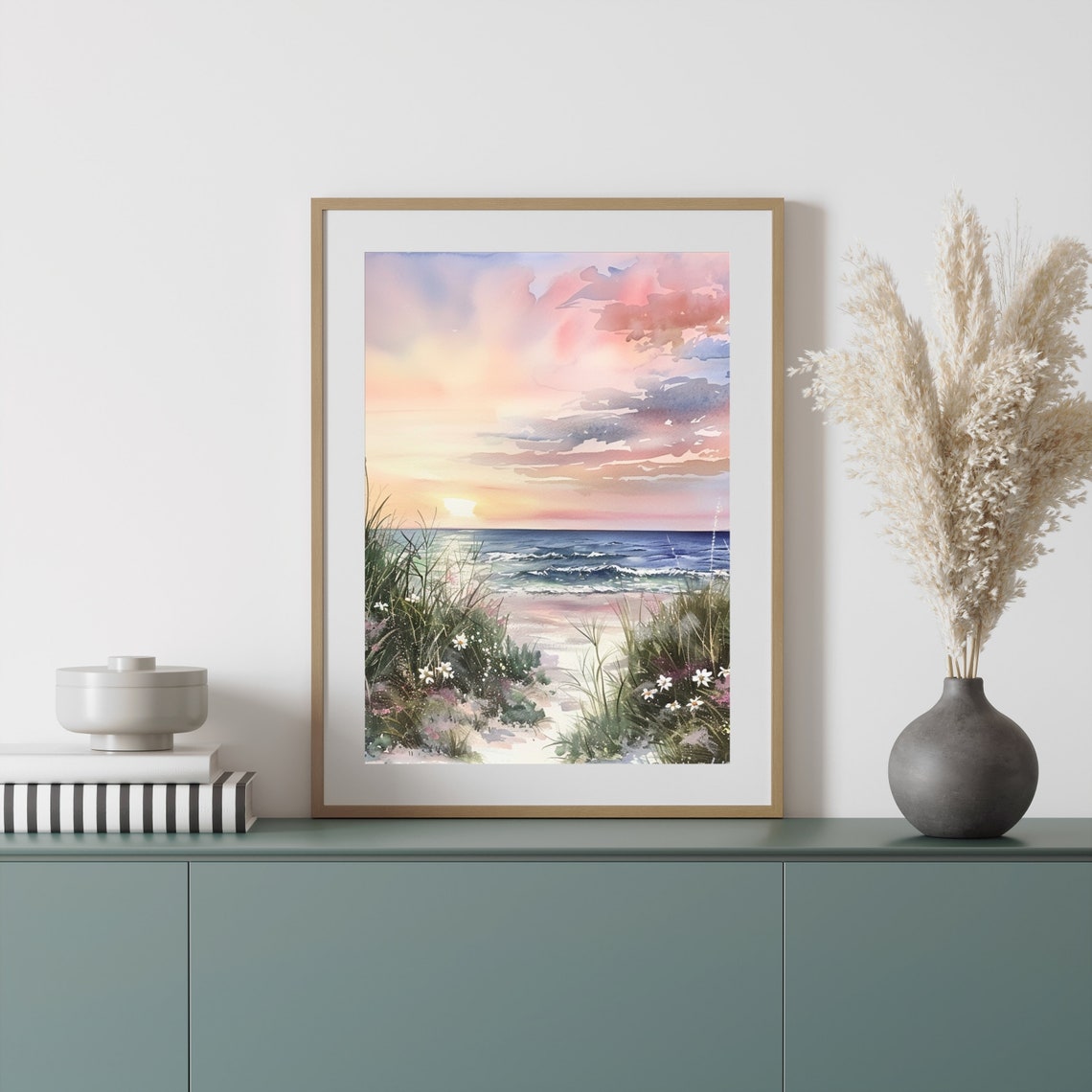 Pink Sunset Beach Path Watercolor Seascape Ocean Waves Poster - Image 6