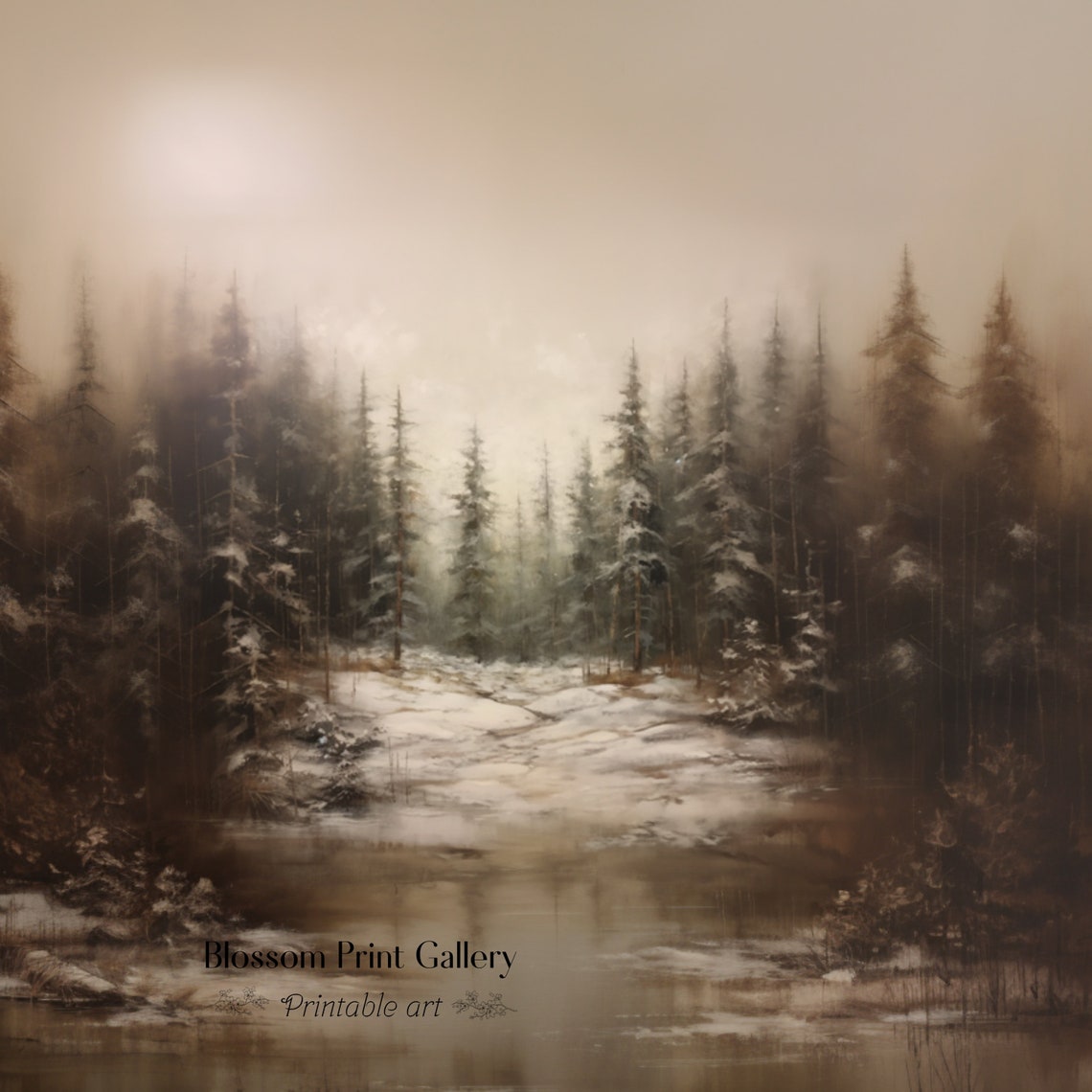 Misty Winter Forest Snow Pines Muted Neutral Landscape Art Poster - Image 3