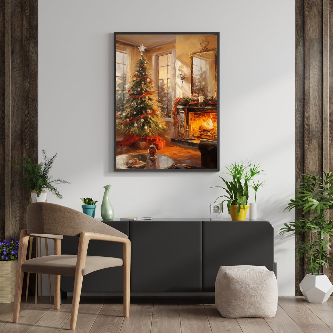 Cozy Christmas Living Room Fireplace Tree Warm Holiday Wall Art - Image 5