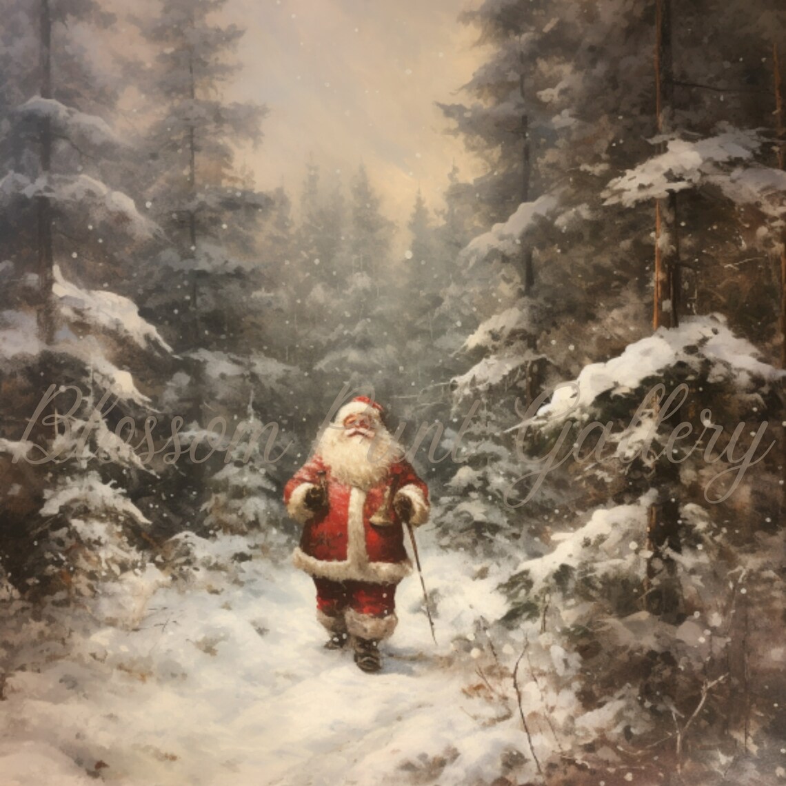 Santa Claus Snowy Forest Winter Walk Vintage Christmas Painting Poster - Image 4