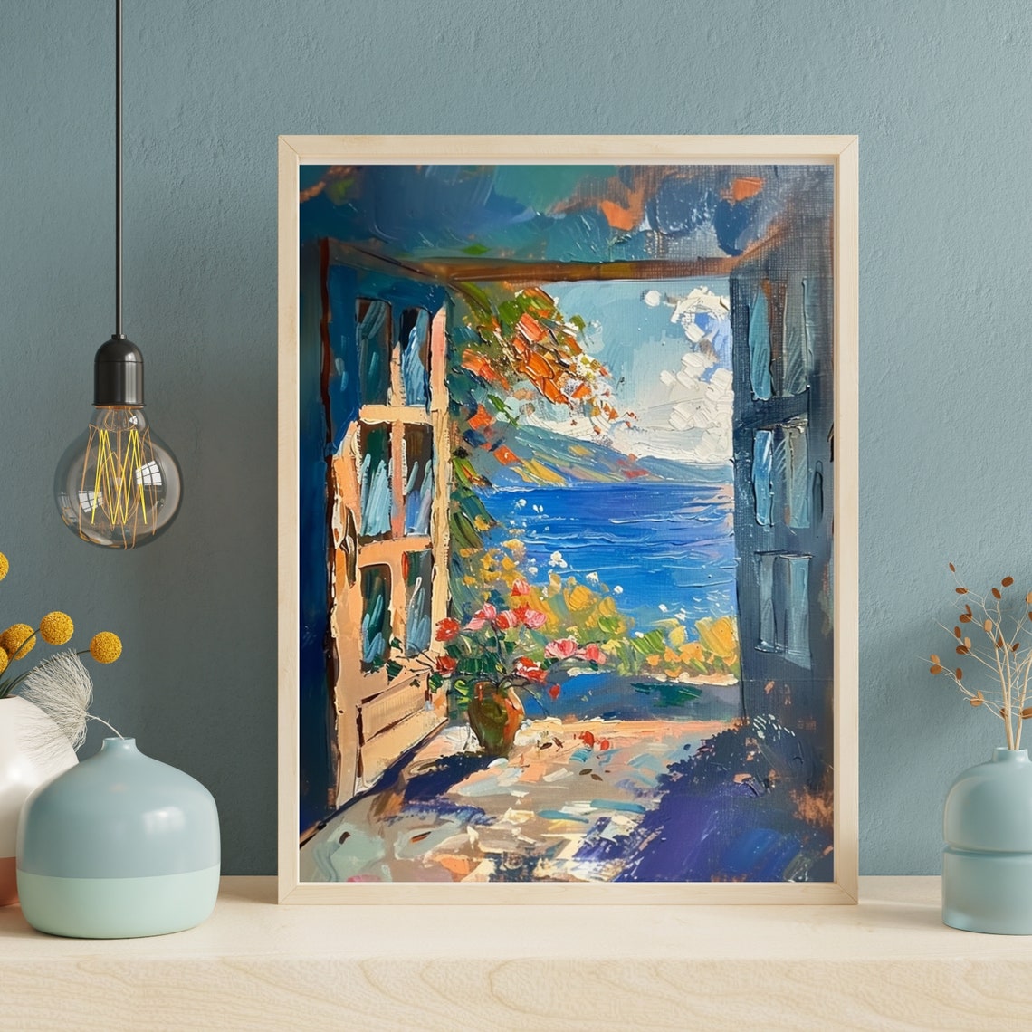 Mediterranean Sea View Through Open Windows Oil Painting Poster - Image 3