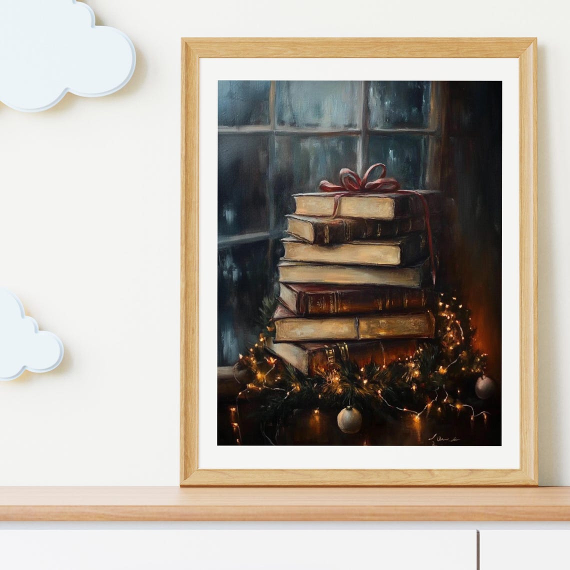 Stack Vintage Books Red Ribbon Fairy Lights Christmas Art Poster - Image 3