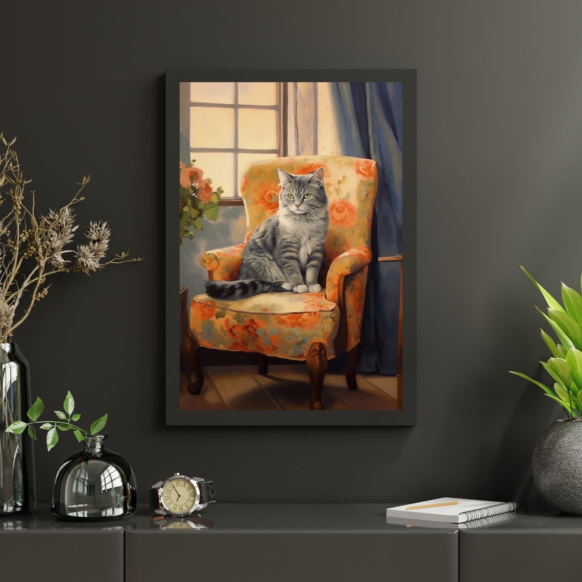 Grey Tabby Cat On Vintage Floral Armchair Cozy Window Portrait Poster - Image 3