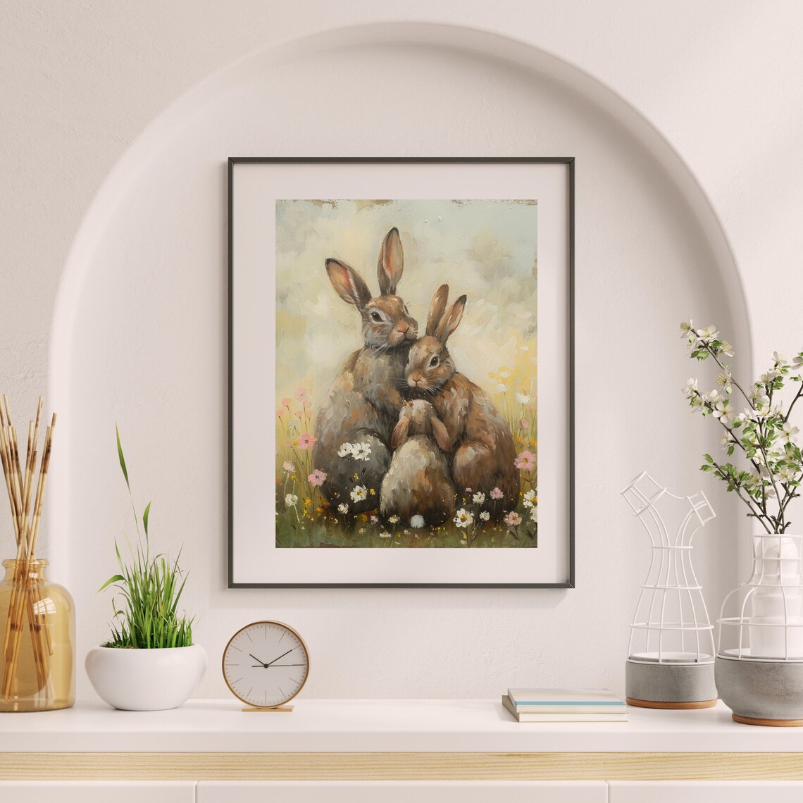 Vintage Rabbit Family Painting, Rustic Easter Art Print - Image 4