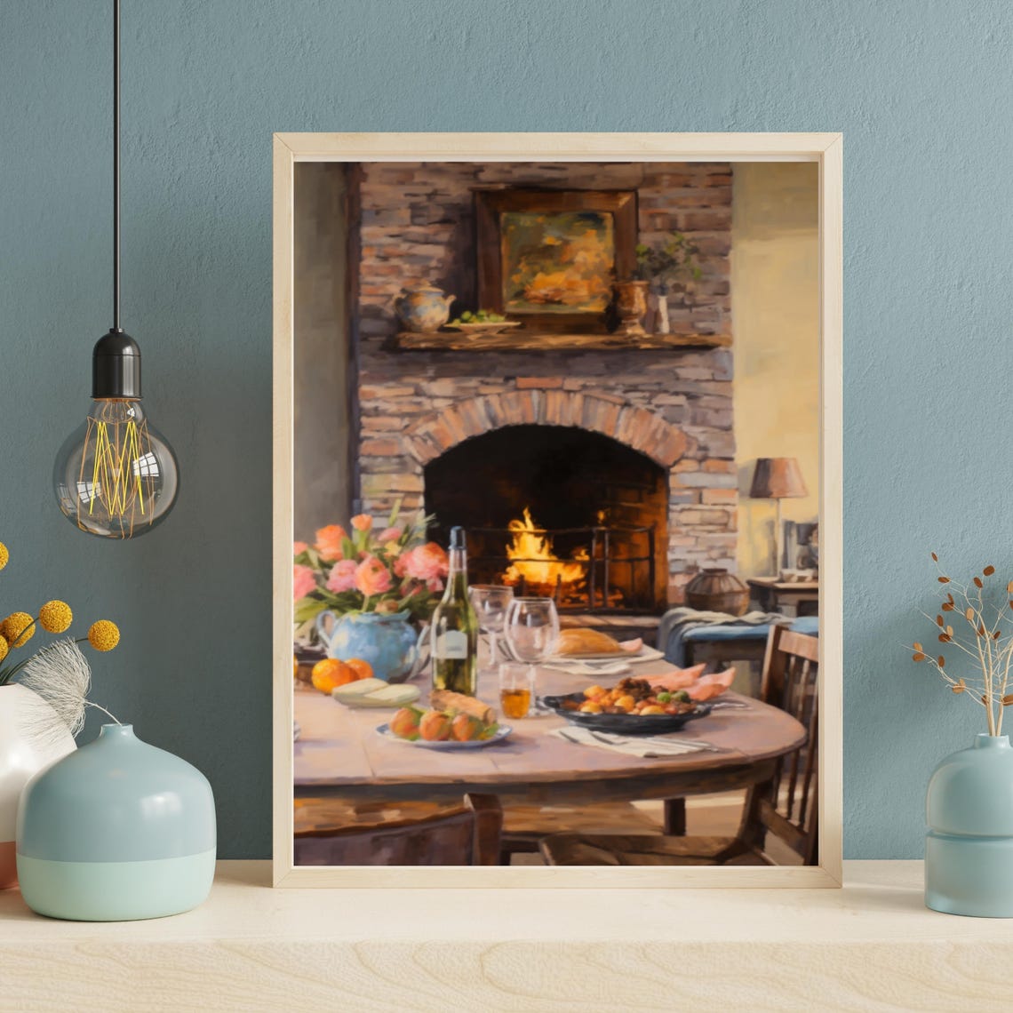 Cozy Dining Table Set Before Crackling Stone Fireplace Poster - Image 2