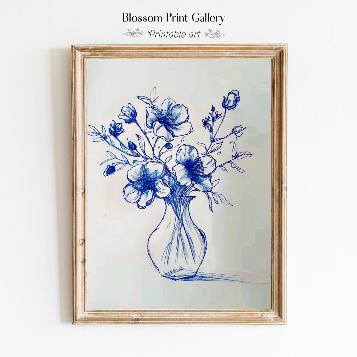 Blue Ink Sketch Wildflowers In Vase Minimalist Line Art Poster