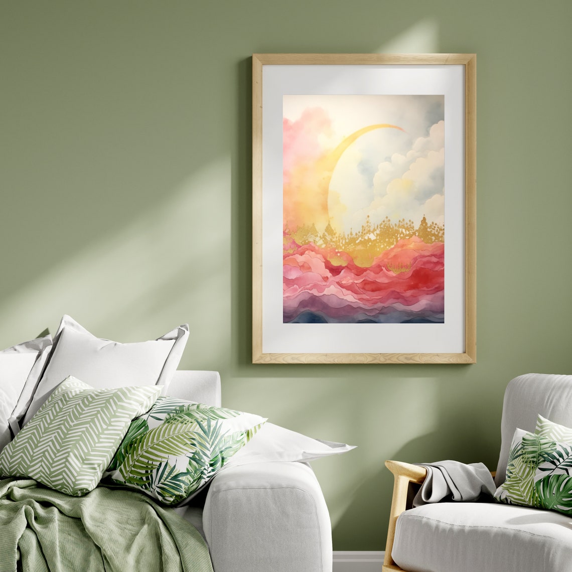 Pink and Gold Abstract Moon over Wavy Hills Watercolor Poster - Image 4