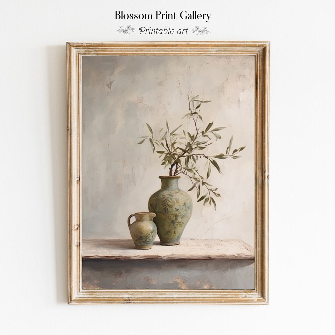 Olive Branch Antique Vase Neutral Still Life Rustic Art Poster
