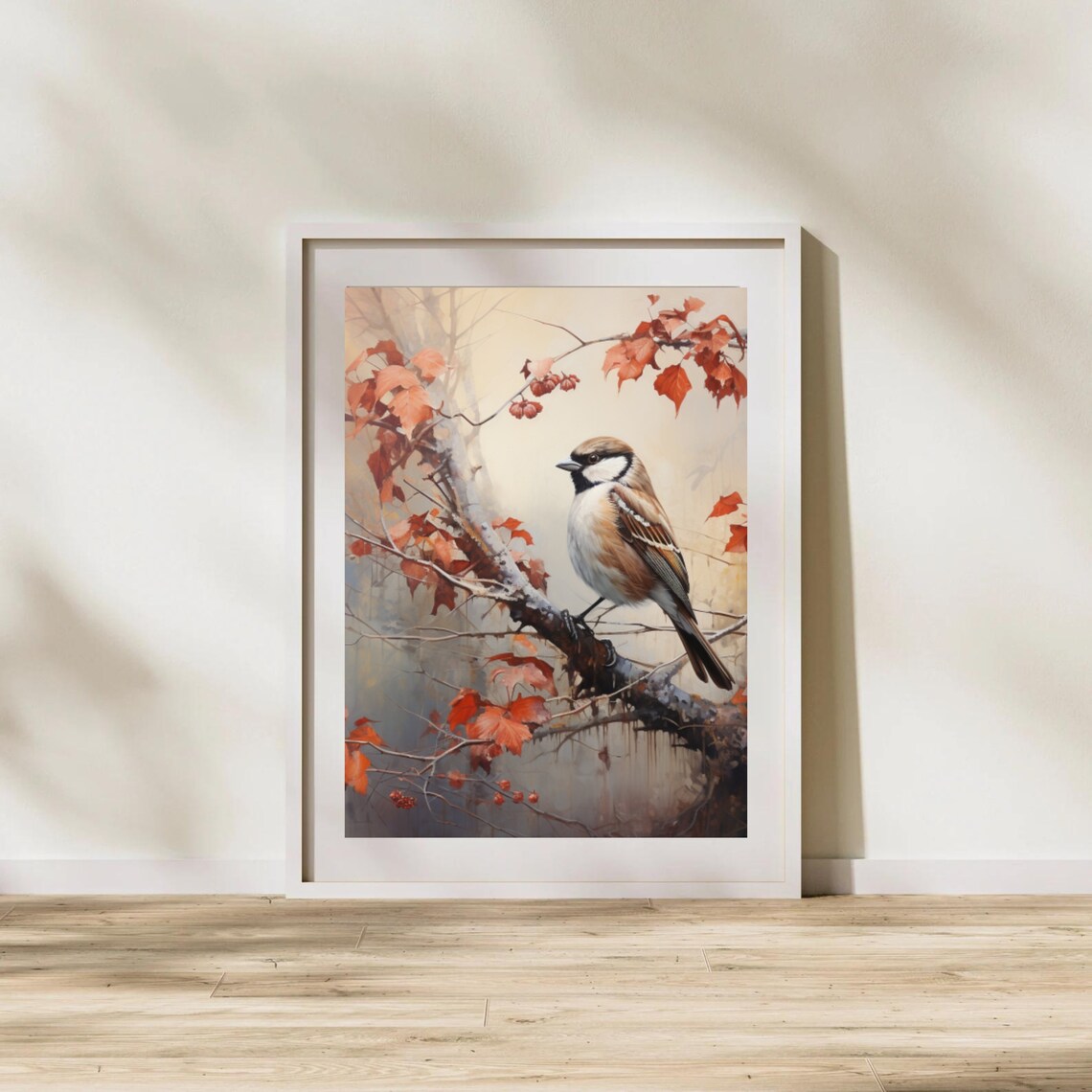 Songbird Perched On Red Autumn Branch Vintage Bird Painting Poster - Image 4