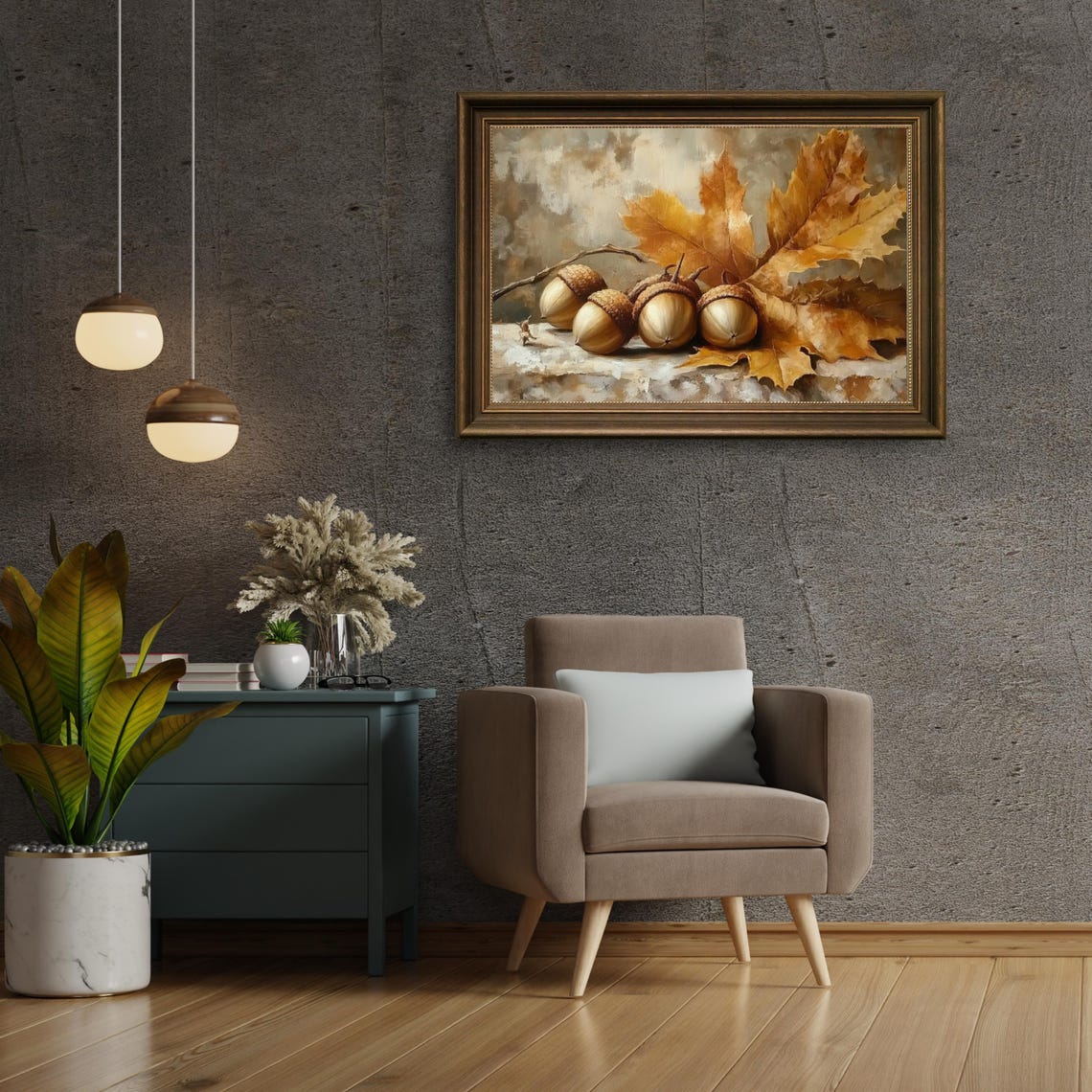 Acorns and Golden Oak Leaves Rustic Fall Still Life Wall Art - Image 3
