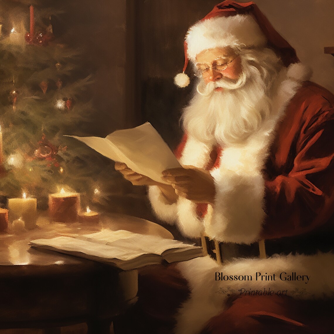 Santa Claus Reading Christmas Letter by Candlelight Vintage Oil Poster - Image 3