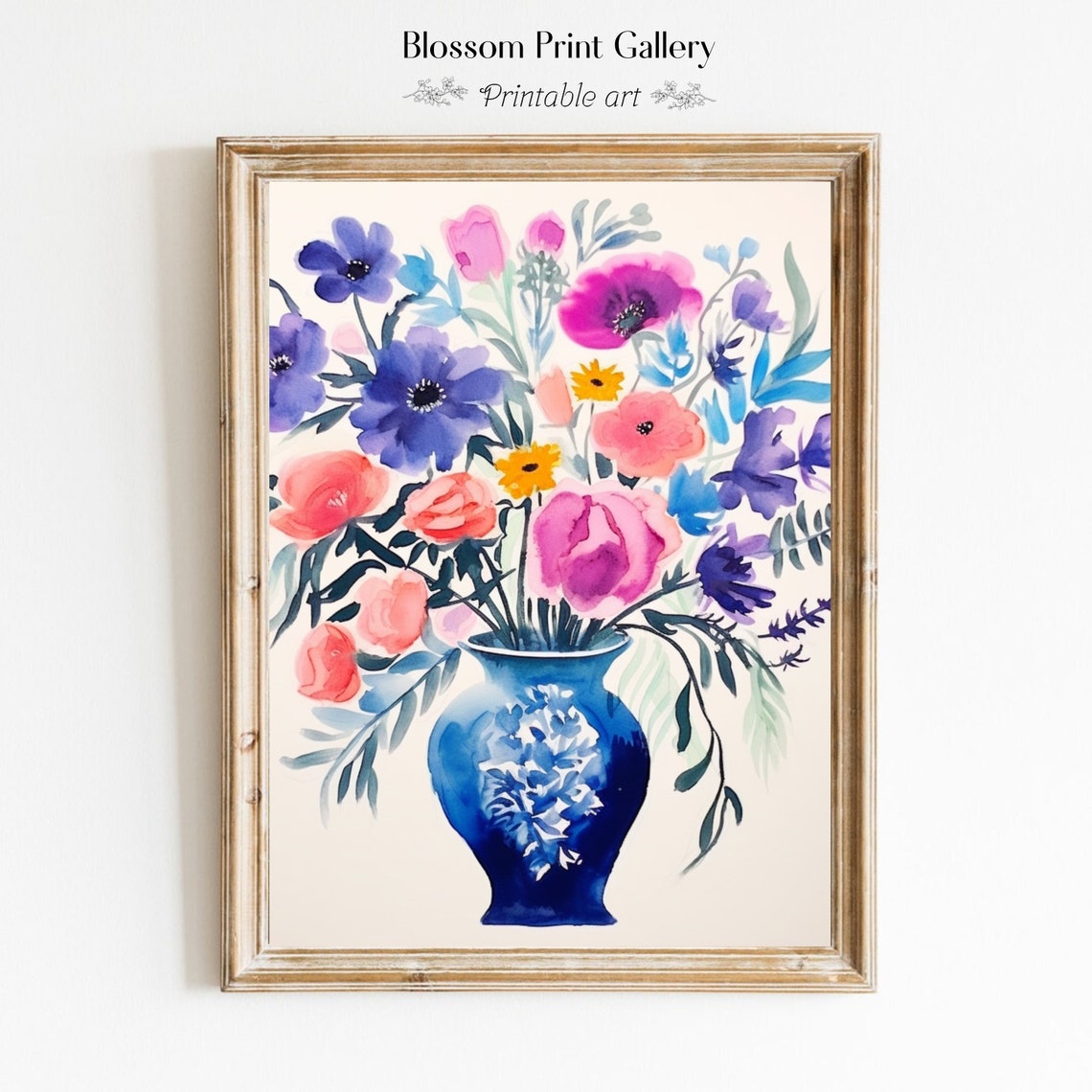 Watercolor Wildflower Bouquet in a Cobalt Vase Floral Wall Art