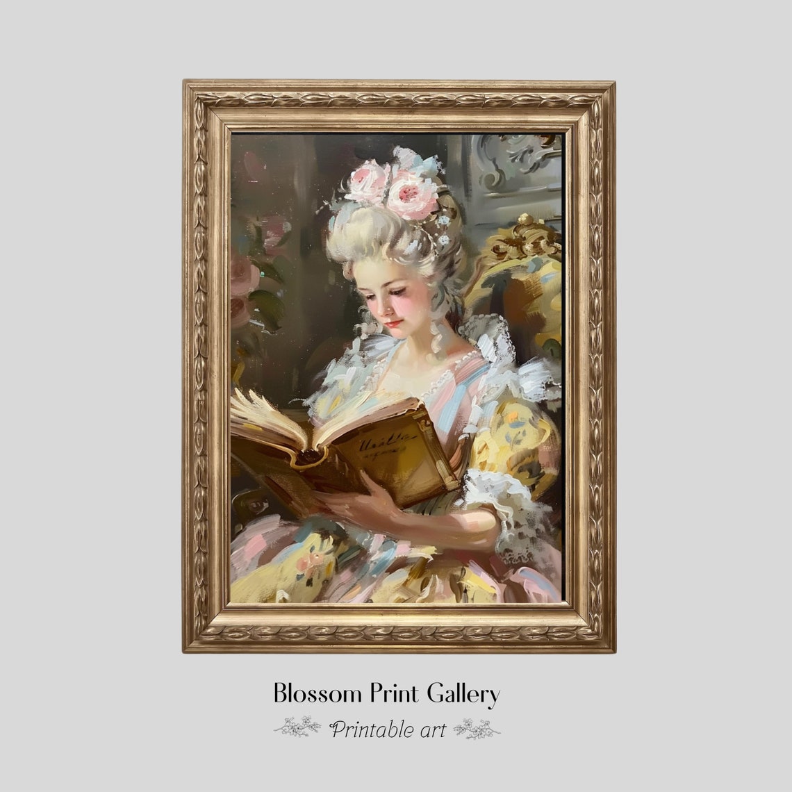 Rococo Lady Reading A Book Pink Pastel Floral Portrait Art Poster - Image 6