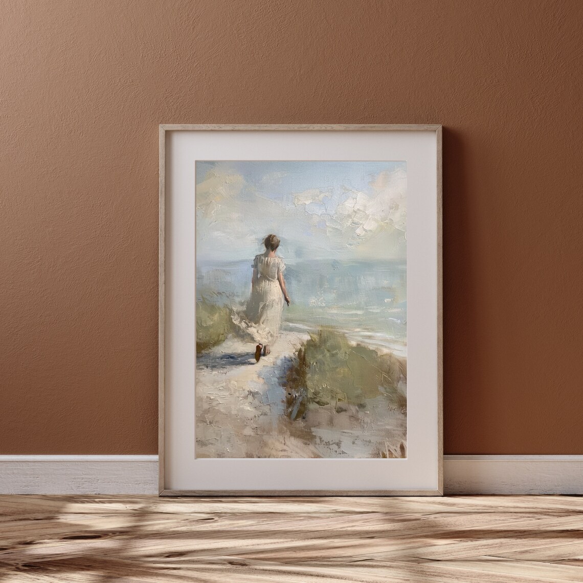 Woman In White Dress Walking To The Beach Coastal Painting Poster - Image 5