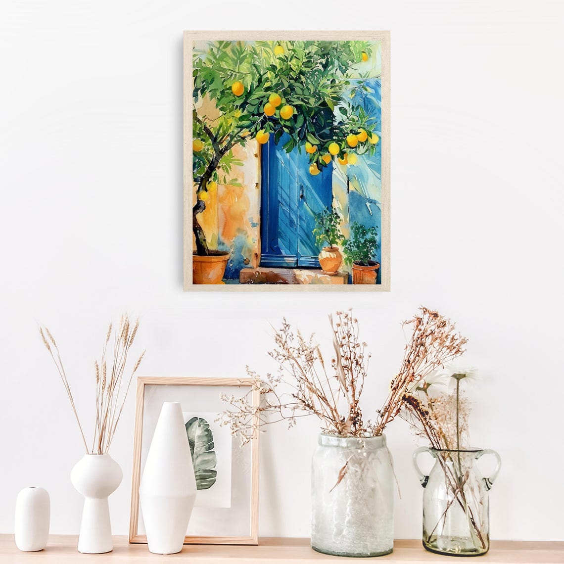 Lemon Tree Watercolor with a Bright Blue Mediterranean Door Wall Art - Image 3