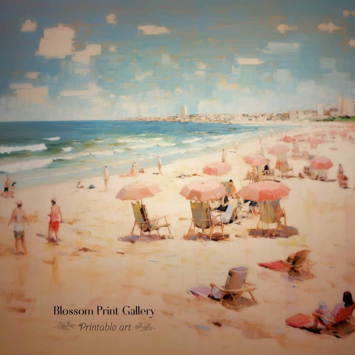 Busy Sandy Beach With Coral Umbrellas And Beach Chairs In Summer Print - Image 2