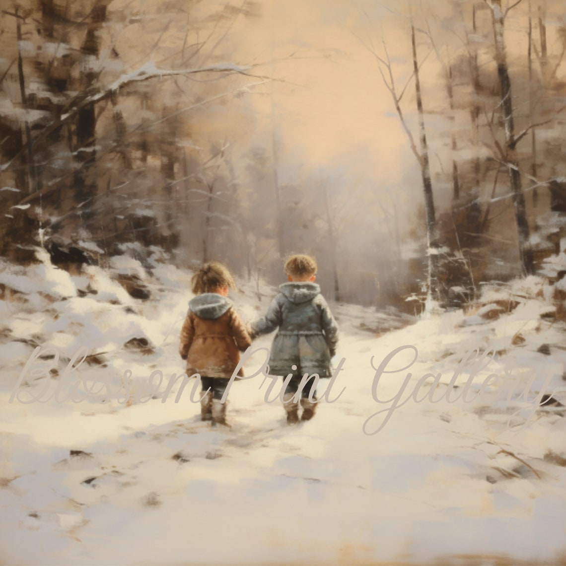Two Children Snowy Forest Golden Hour Winter Painting Poster - Image 2