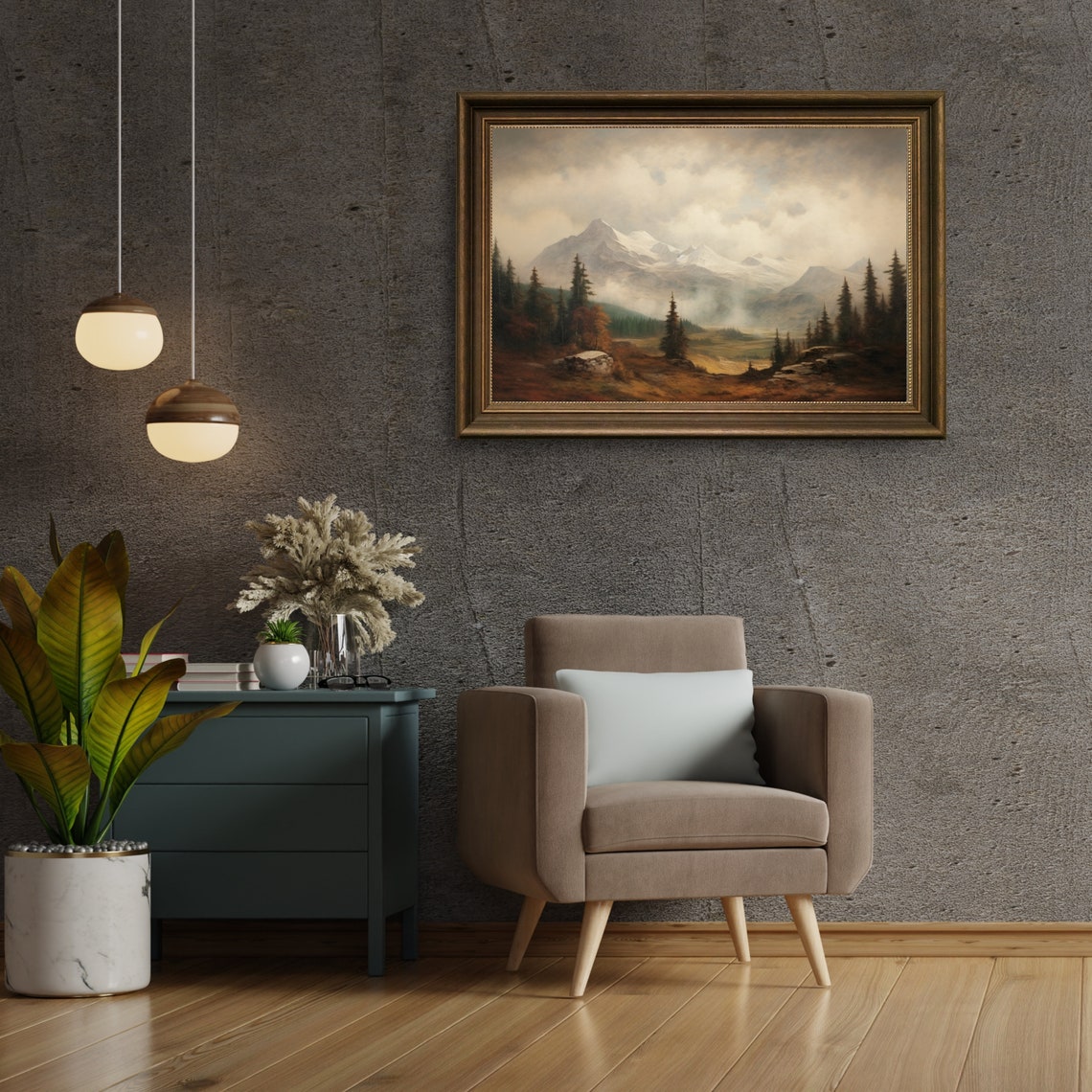 Snowy Mountain Peaks Above Misty Valley Rustic Alpine Poster - Image 4