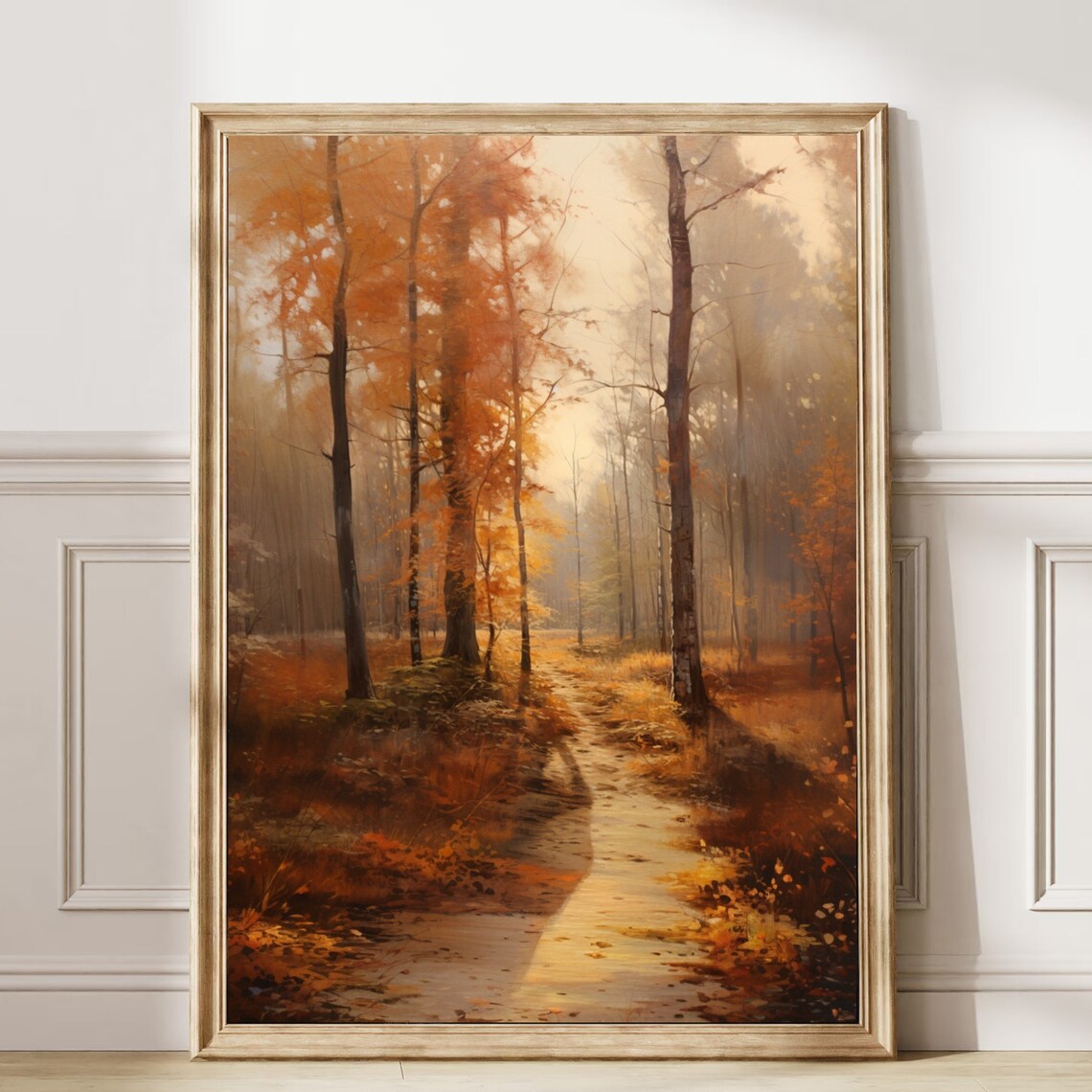 Golden Autumn Forest Path in Mist Warm Fall Landscape Painting Poster - Image 6