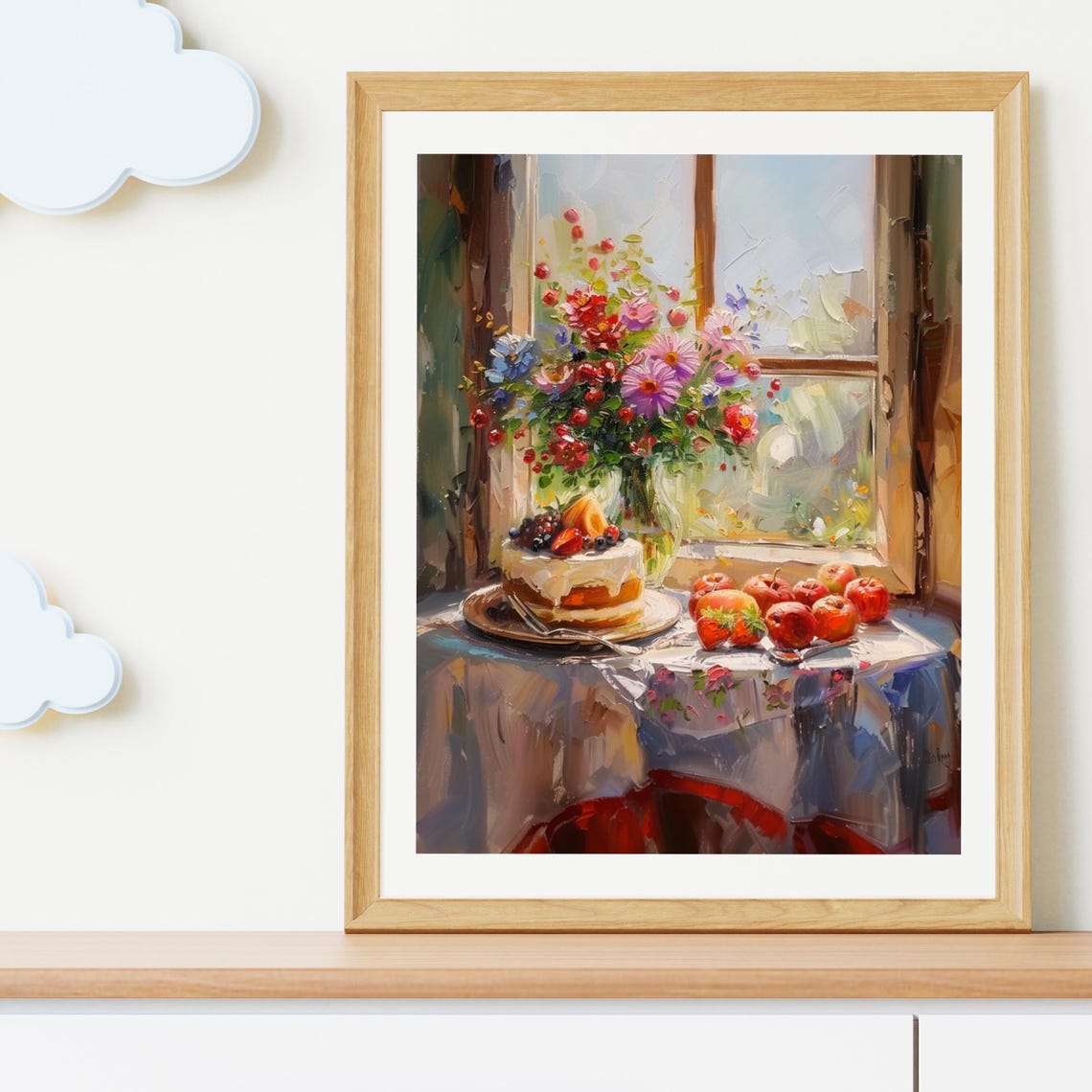 Sunlit Summer Still Life Flowers Berry Cake Window Painting Poster - Image 3
