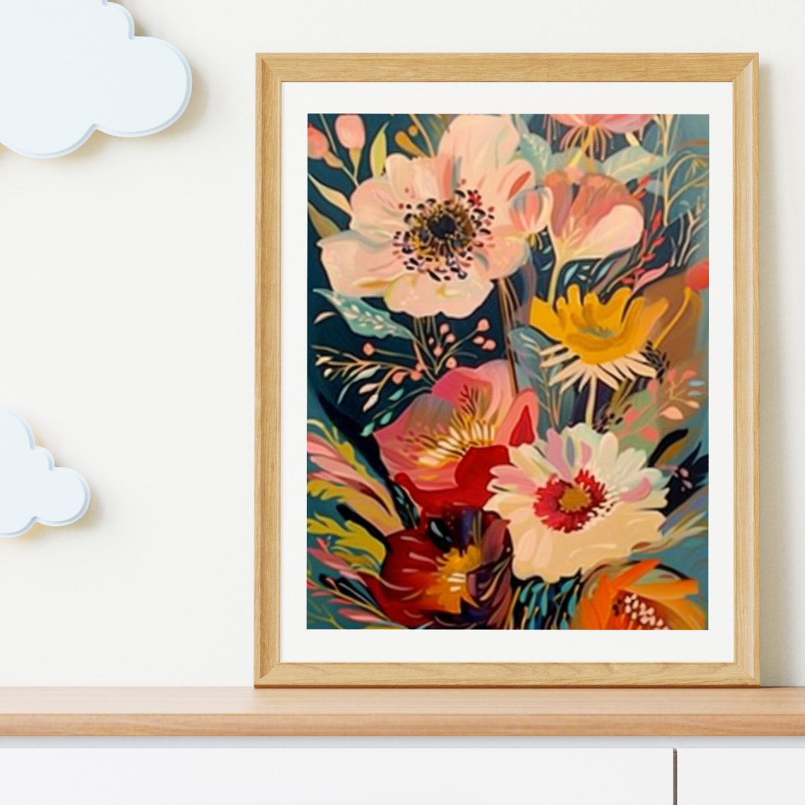 Bold Botanical Flowers Dark Teal Background Modern Floral Poster - Image 2