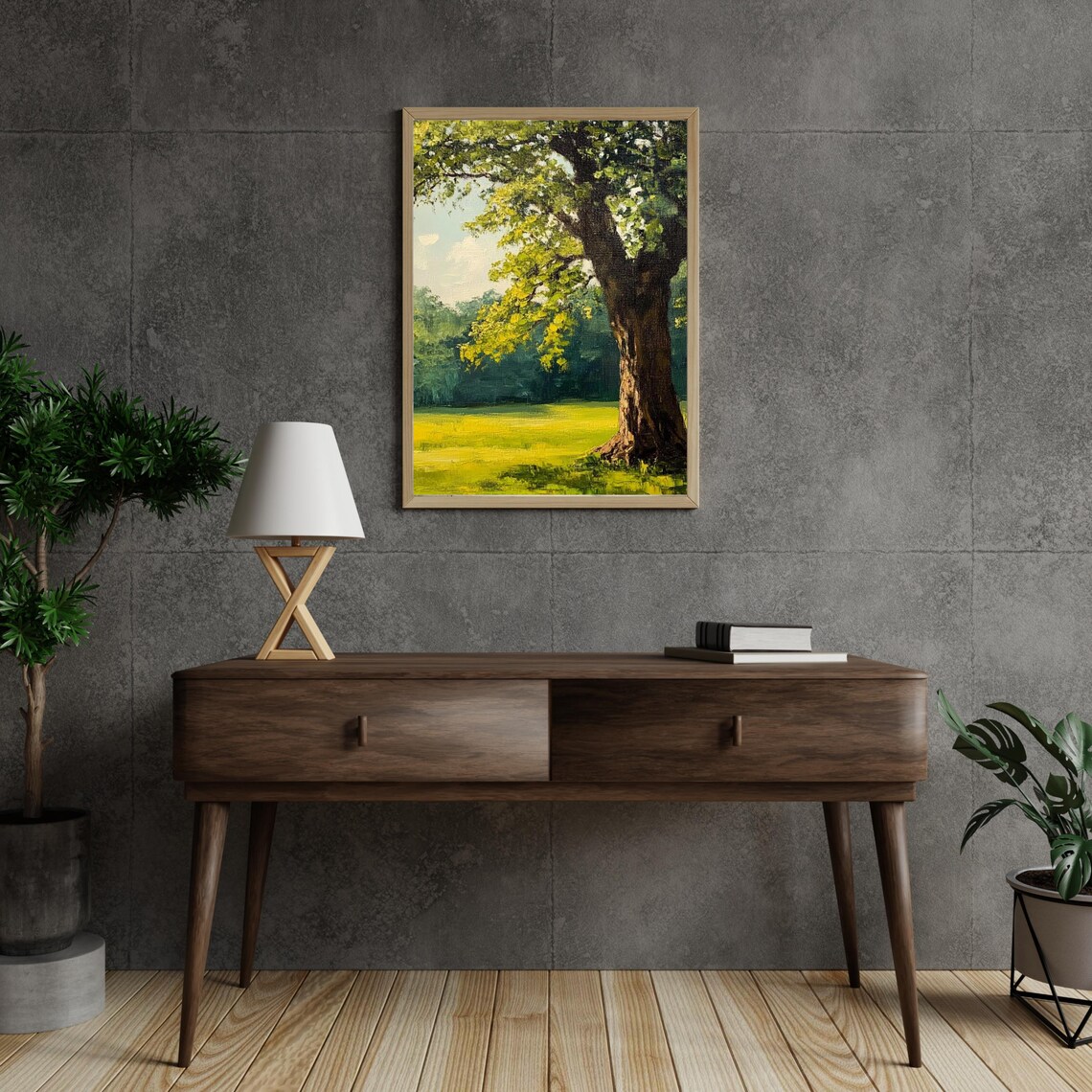 Sunlit Large Tree over Green Summer Meadow Impressionist Painting Poster - Image 4