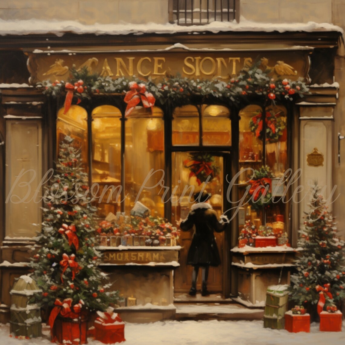 Vintage Christmas Shop Storefront Snowy Night Holiday Painting Poster - Image 6