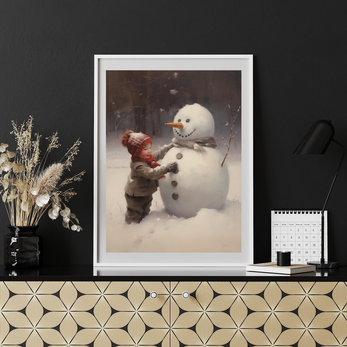 Boy Building Snowman Cozy Winter Christmas Vintage Children Art Print - Image 6