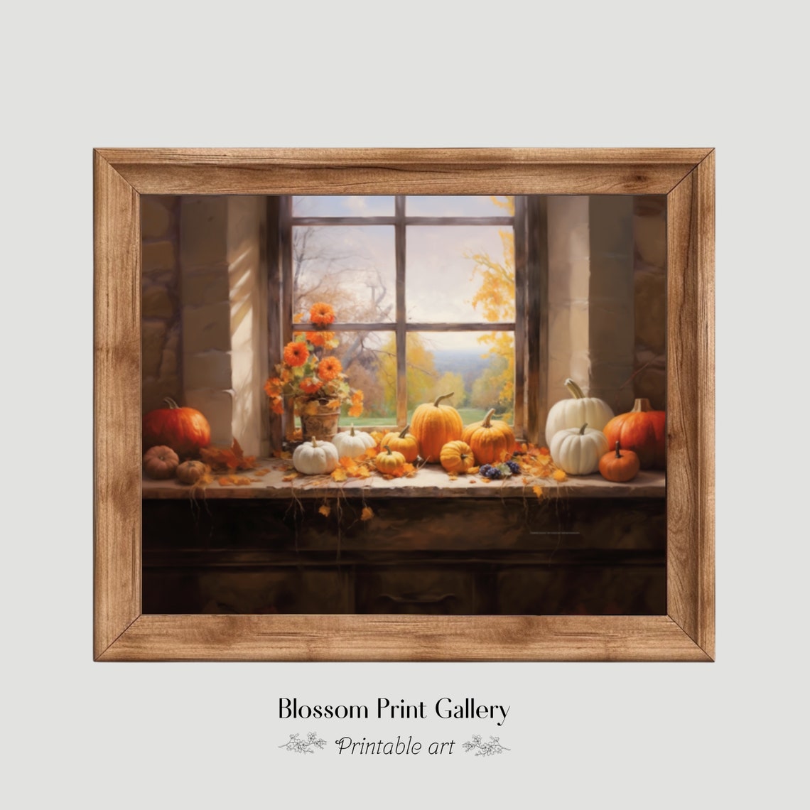 Pumpkins on Rustic Window Sill with Marigolds Painting Poster - Image 6